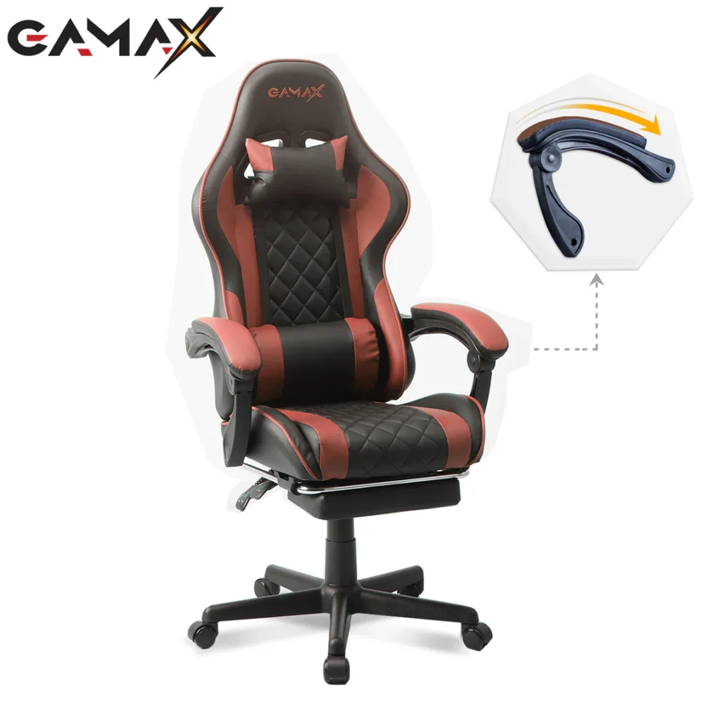 Gamax Gaming Chair Model 1-LT001L with Linkage Function Armrest & Retactable Footrest – Red – Black